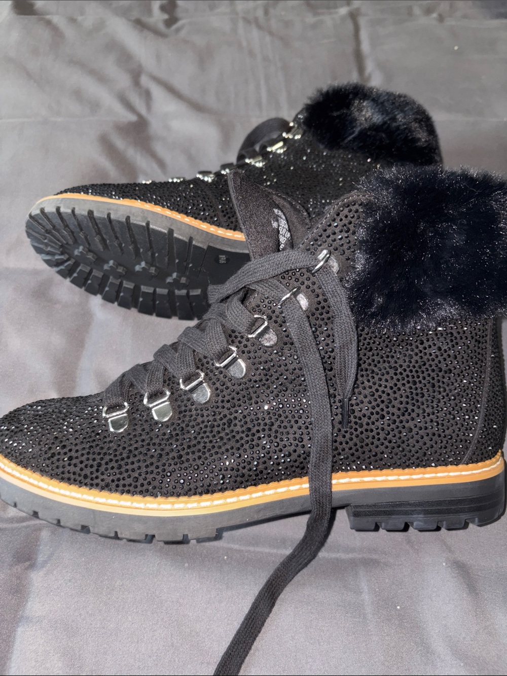 INC International Concepts Black Crystal Lace-Up Faux Fur Ankle Boots